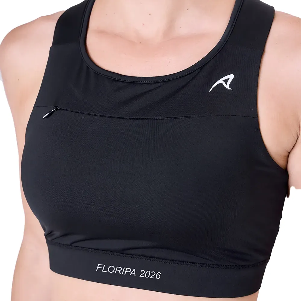 Top esportivo preto Authen com recortes nas costas e logo branco, visto de costas mostrando design e texto Floripa 2026